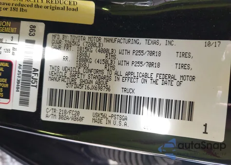 2018 Toyota Tundra Sr5 5.7L V8 z USA, uszkodzony, nr VIN 5TFDW5F16JX698796